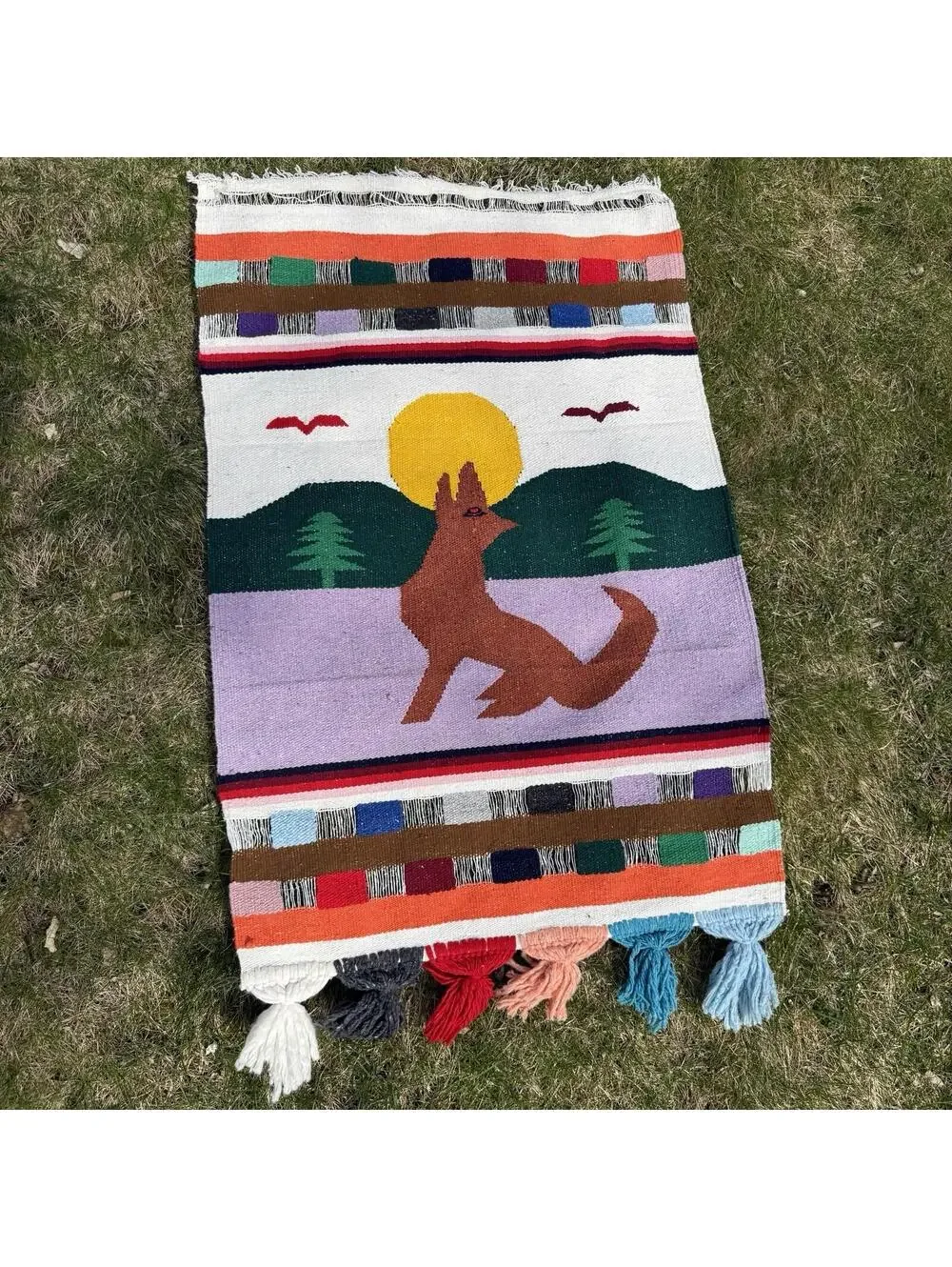 Vintage Oaxaca Mexico Hand Woven Tapestry Textile Rug Blanket Zapotec 30”x47”